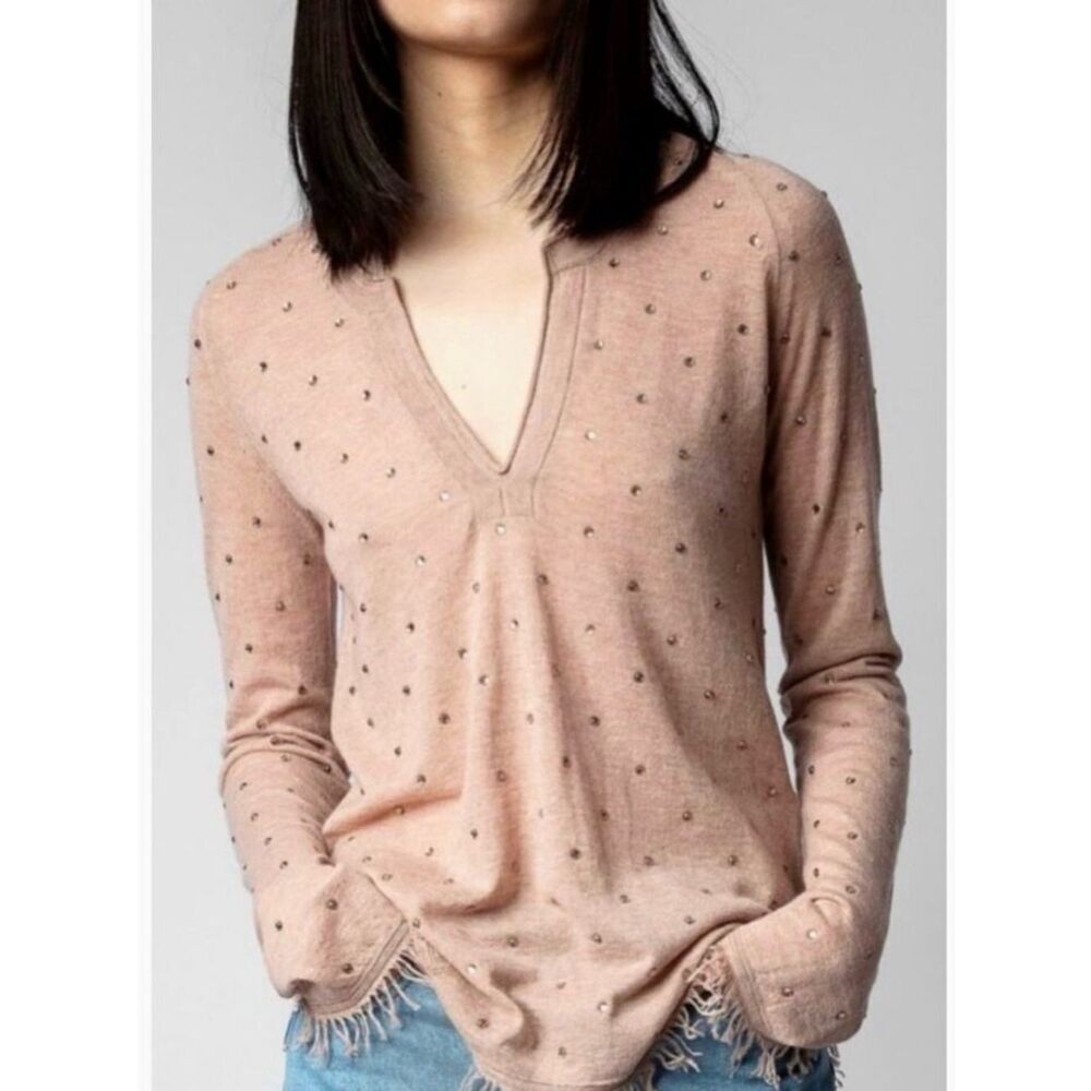Zadig&voltaire Riviera Cashmere Pullover Studded Pink V-Neck Long Sleeve Sweater